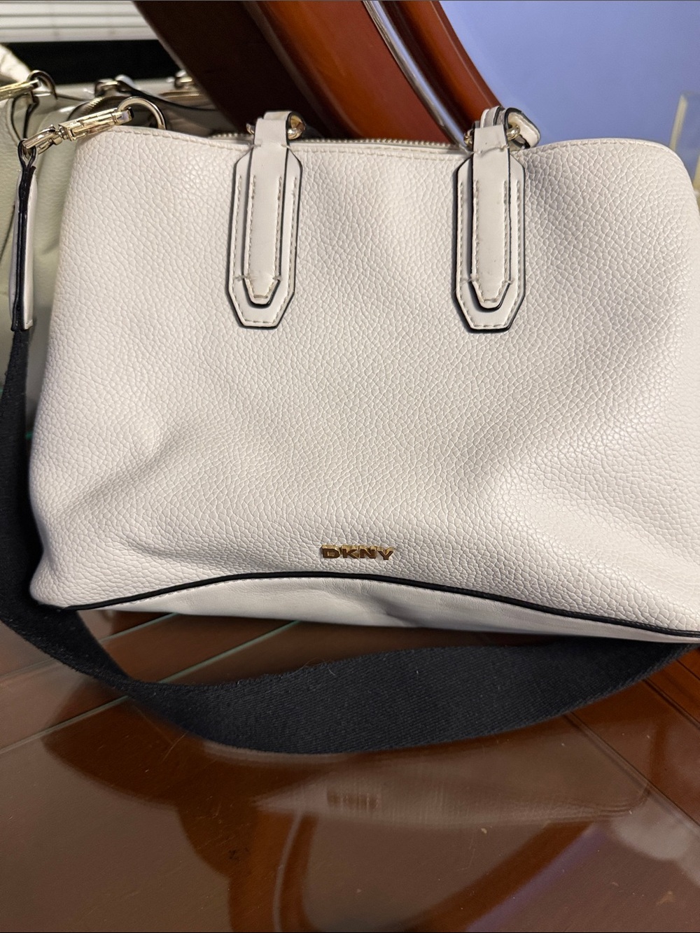 DKNY White Pebbled Leather Shoulder Bag with Black Trim